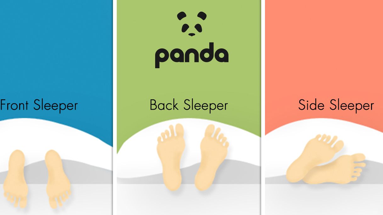 Illustration showing three sleeping positions: front, back, and side sleepers with playful foot imagery.