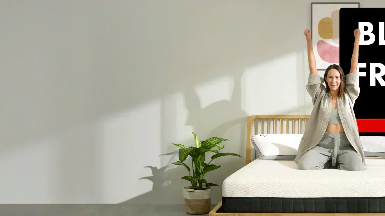 Woman on the Panda Hybrid Mattress Pro with Black Friday Logo above her