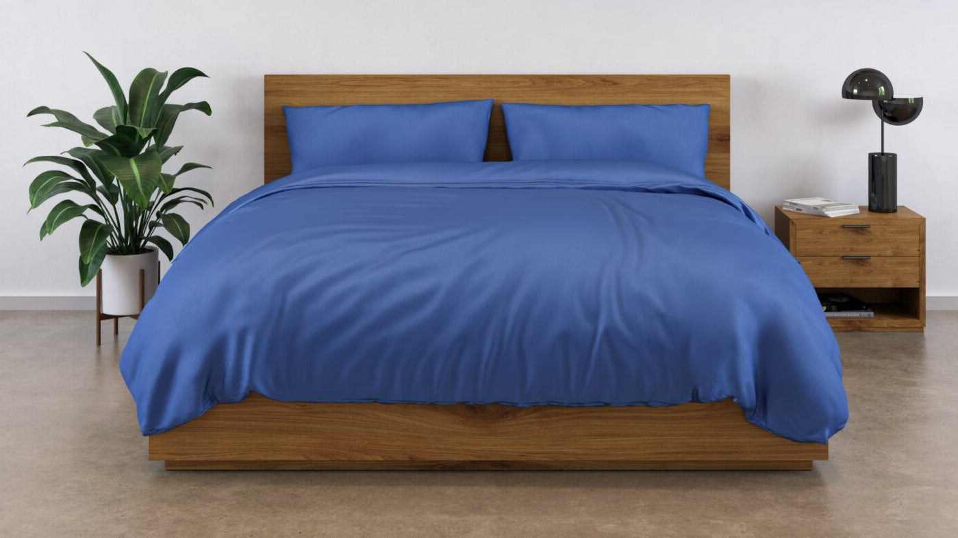blue bamboo bedding on the bed