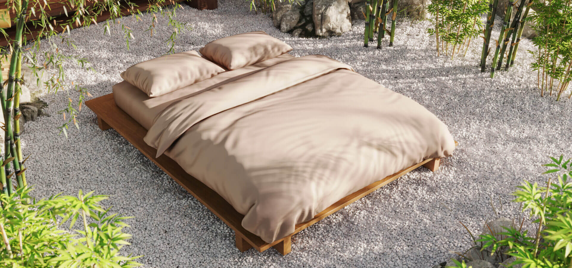 bamboo bedding on the bed in a bamboo forest 