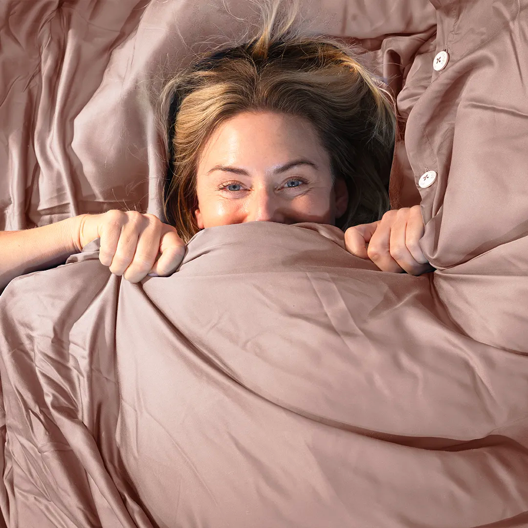 [BBPink] Vintage Pink Blue 100% Bamboo Bedding woman hiding under duvet with pink duvet cover
