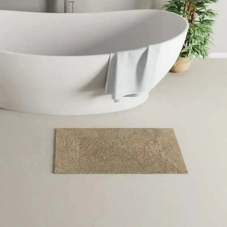 [SandBathRug] Bamboo Bath Rug Sand Lifestyle Image on the floor  - PandaLondon