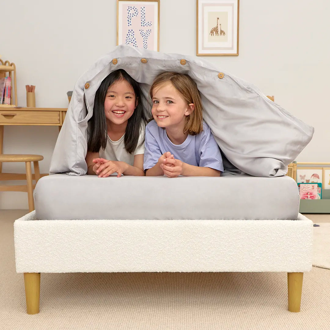 [FSKidsG] Girls smiling and covering with Grey Bamboo Duvet Cover 