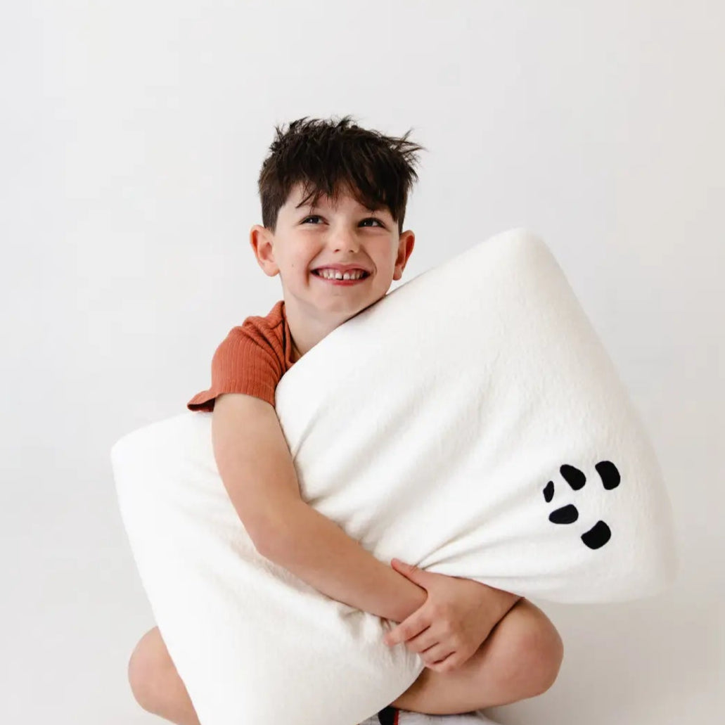 kid holding Panda pillow
