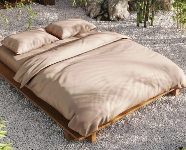Dusty Pink 100% Bamboo Bedding Set on Bed - Outdoors