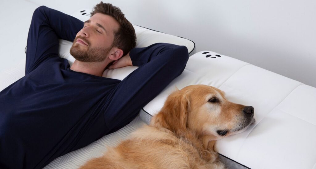 Header image sleep guy with a dog on a hybrid bamboo mattress